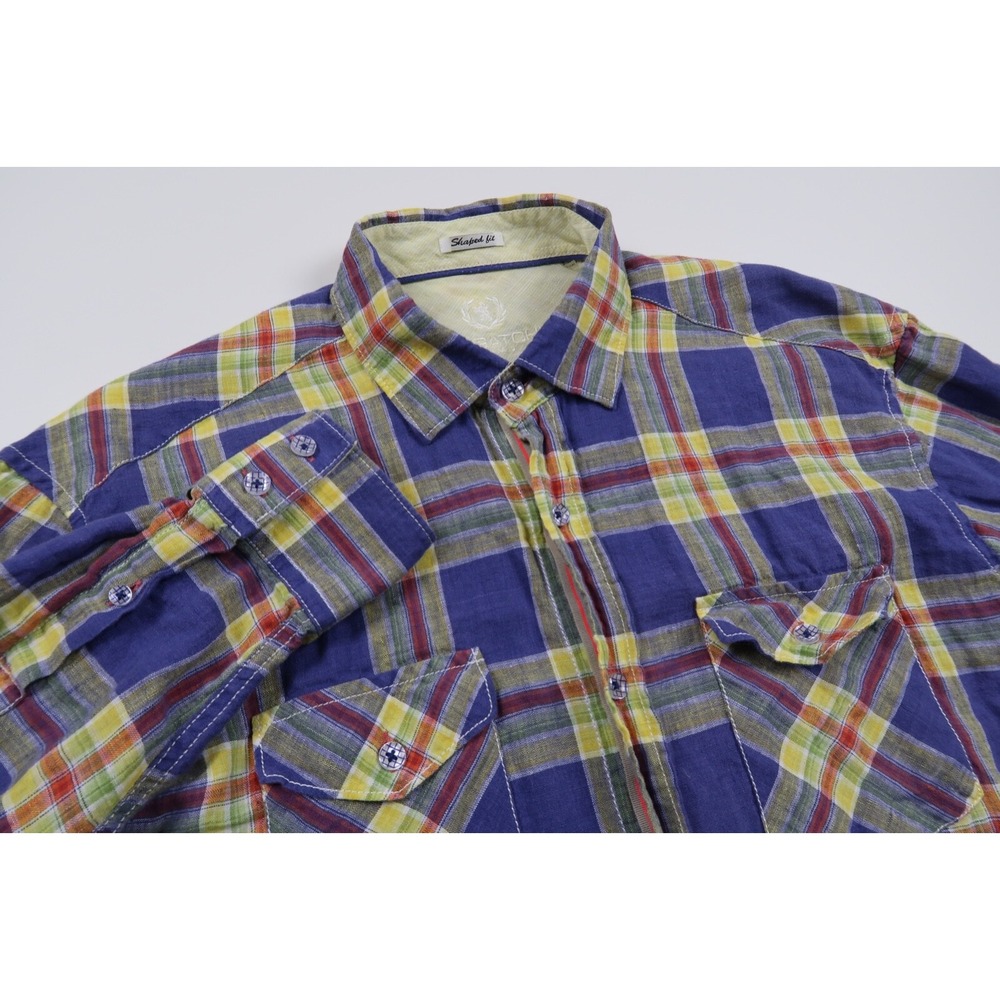 Bugatchi Men's‎ Large Shaped Fit Blue Plaid Linen Long Sleeve Button Front Shirt